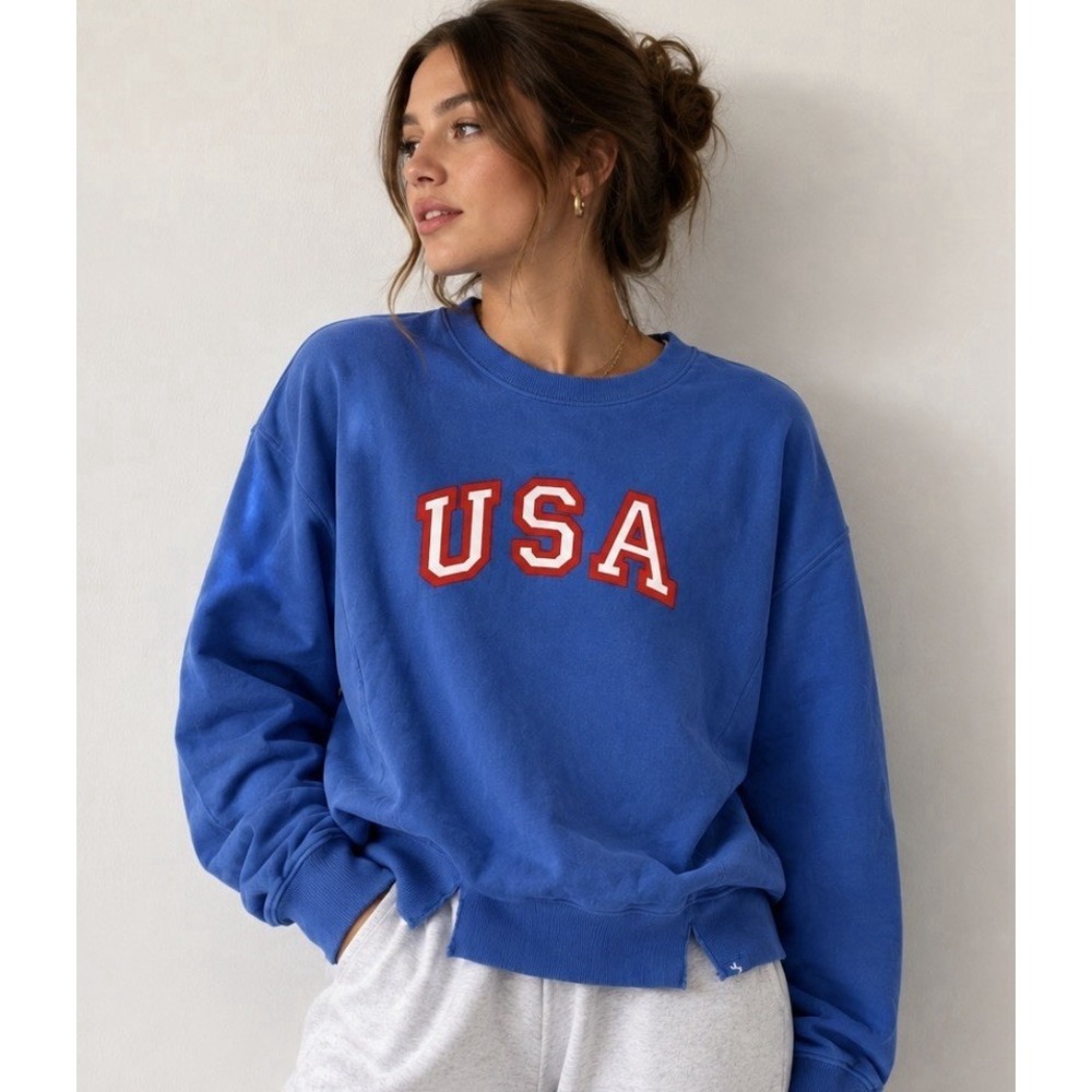 joy lab womens french terry USA Blue Crewnext Relaxed Fit Size Small 4th Of July - Picture 1 of 16